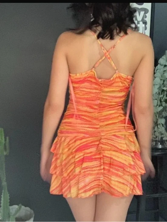 NEW wild fable Orange and Pink Striped Mini Dress Ruffle STRAPPY - Picture 2 of 6
